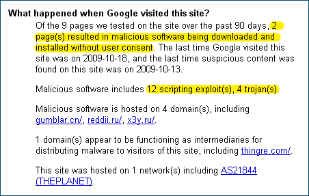 Google Safe Browsing Diagnostic report