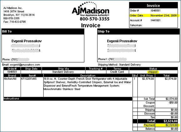 AJ Madison invoice