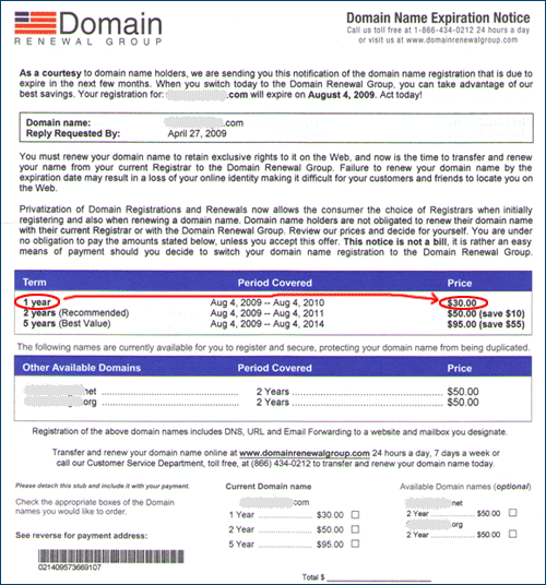 Domain Renewal Group letter