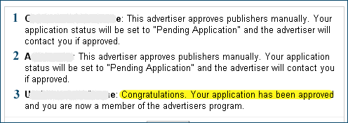 Affiliate application status