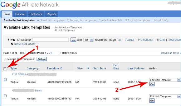 Google Affiliate Network - link management panel