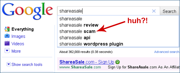 Google Instant suggestions for "shareasale"